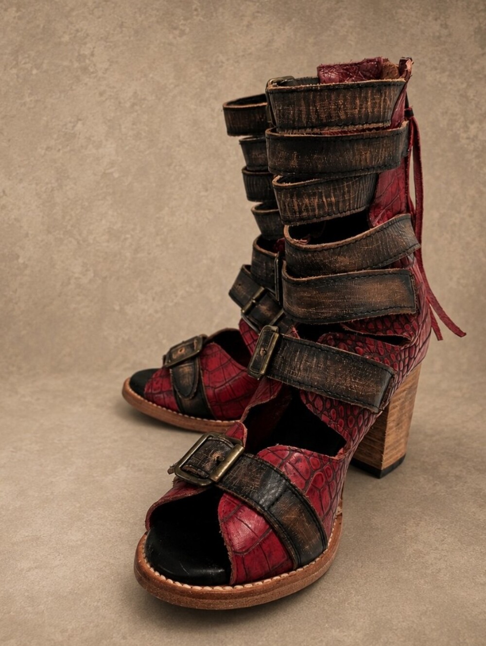 Freebird by Steven Red and Distressed Black Strappy Heeled Sandals